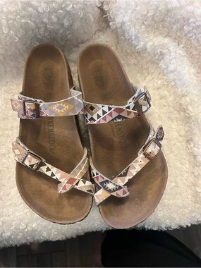 Birkenstock Mayari Sandals in Pink, Tan, Cream & Gray Geometric Print